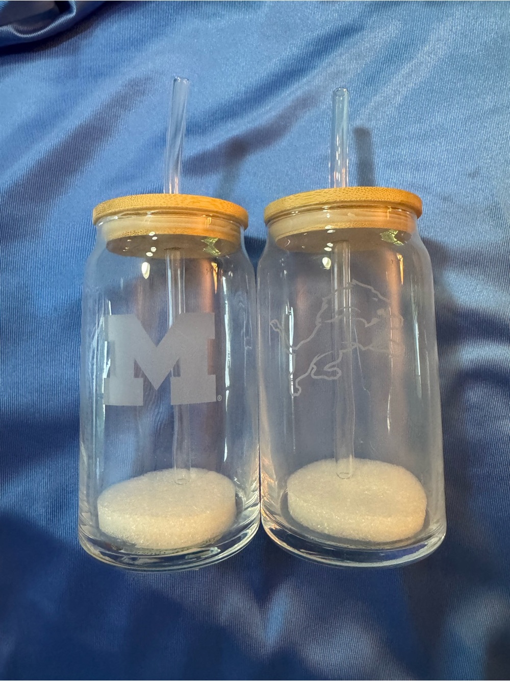 Michigan Clear Glass Drinking Jars with Bamboo Lid & Reusable Straw - Set of 2